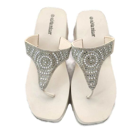 Olivia Miller Batumi Women's Cream Bling Rhinestone Wedge Thong Style Slip On - Picture 3 of 6
